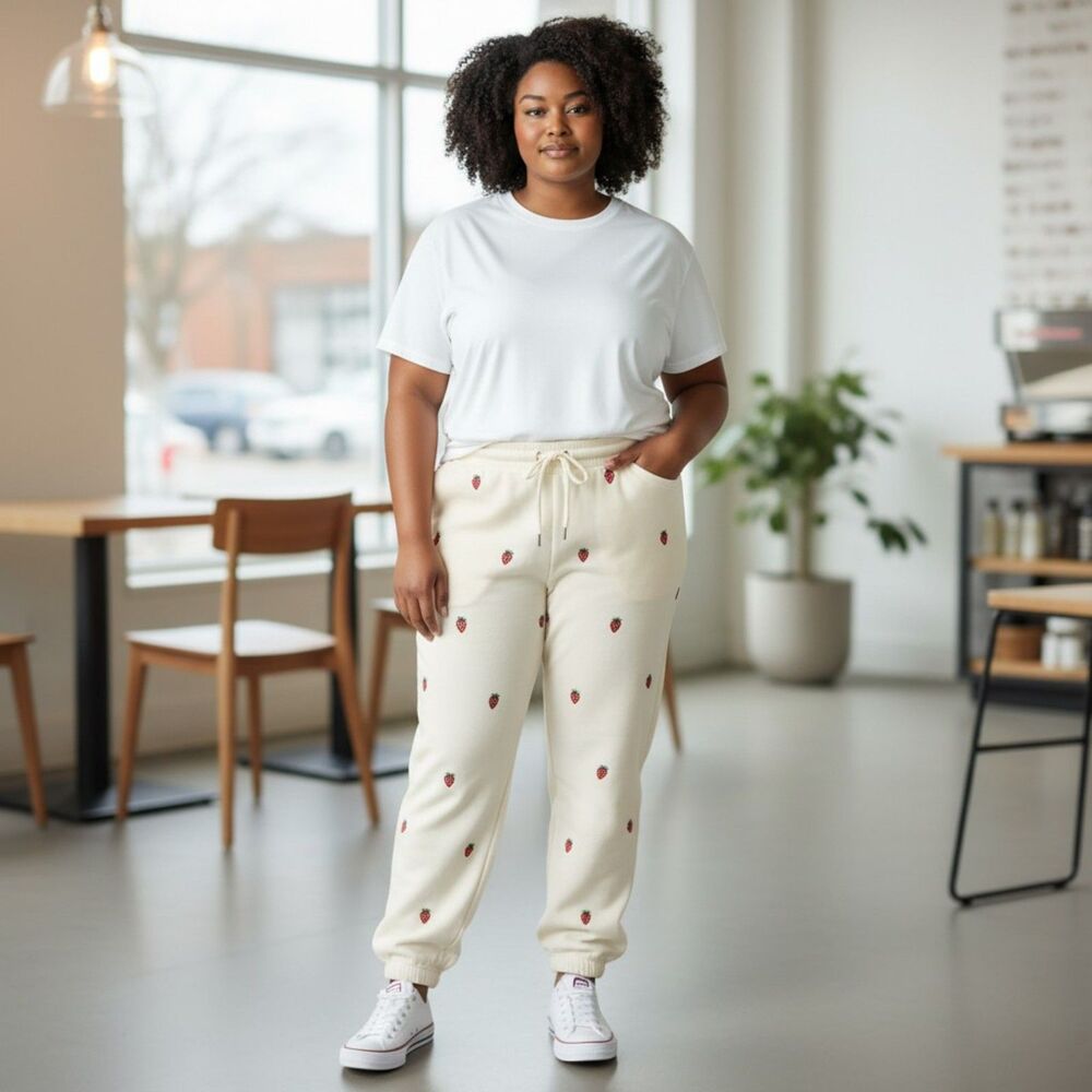 Olive & Oak Strawberry High Rise Soft Jogger Lounge Pants Cream XL Sweatpants